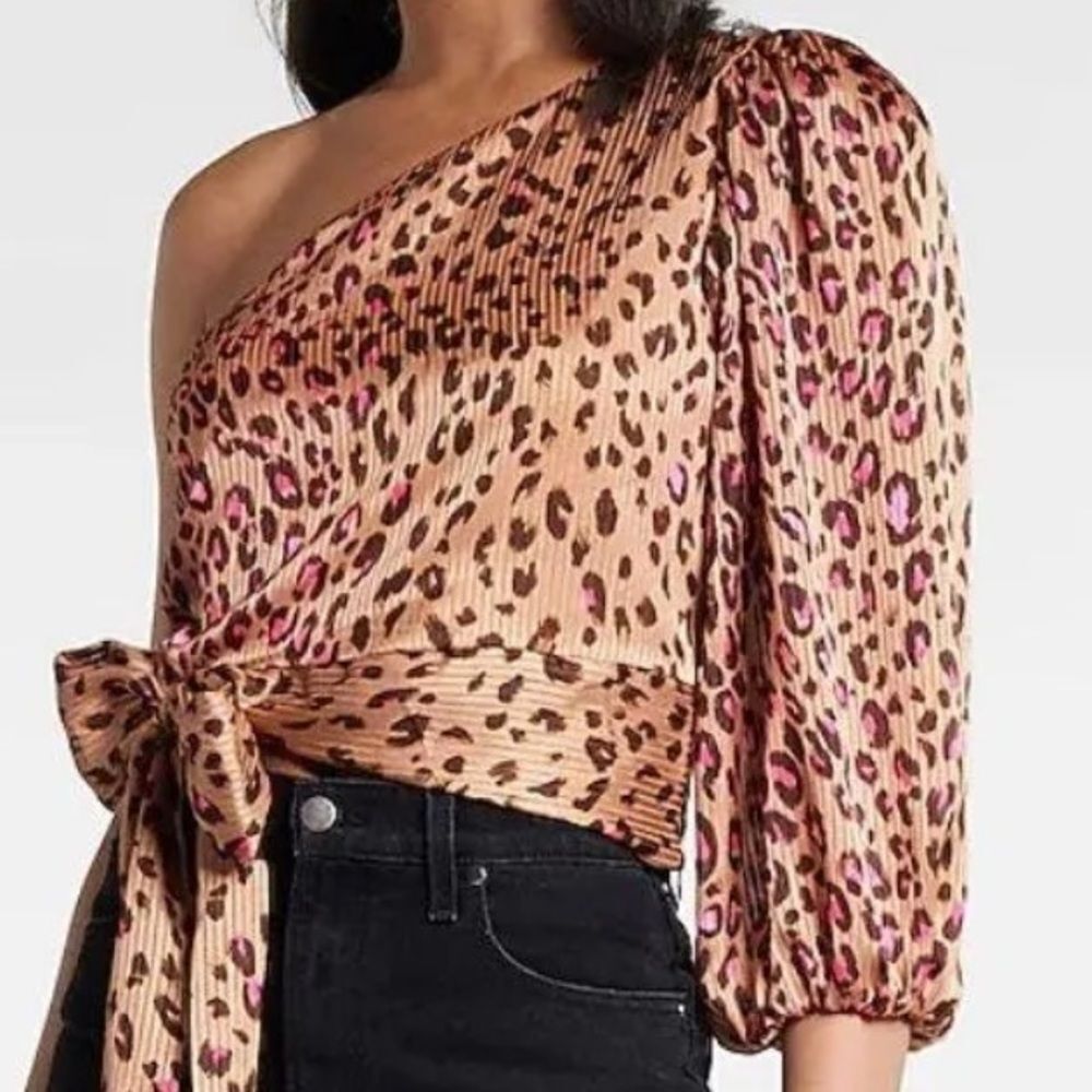 Express Leopard Print One Shoulder Lined Top Tie Waist